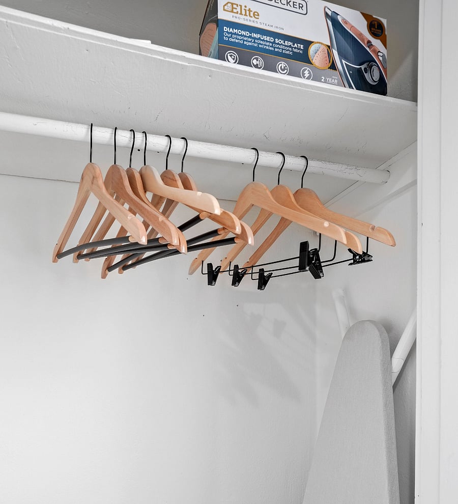 Iron, ironing board, hangers, etc.