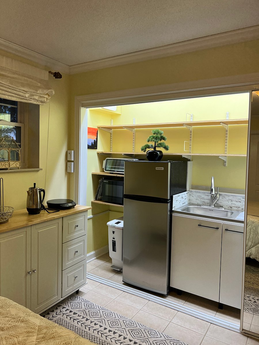 Behind sliding mirror doors... Microwave, Toaster oven, Refrigerator, sink, storage shelves
