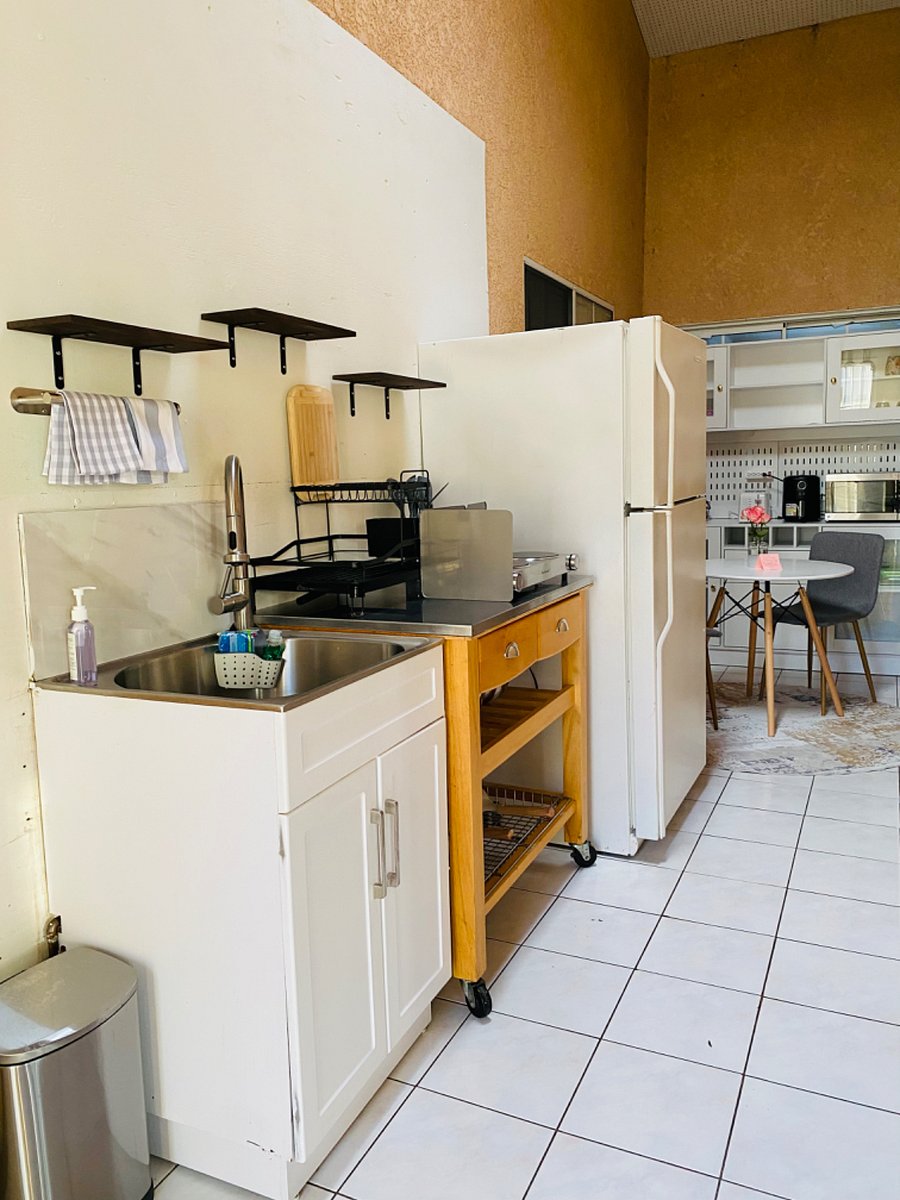 Kitchenette has everything you need to cook/prep a small meal. Note: sink only has cold water.