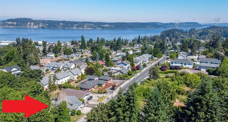 House is located at lower left. Narrows Bridge & Puget Sound are on the upper & right.