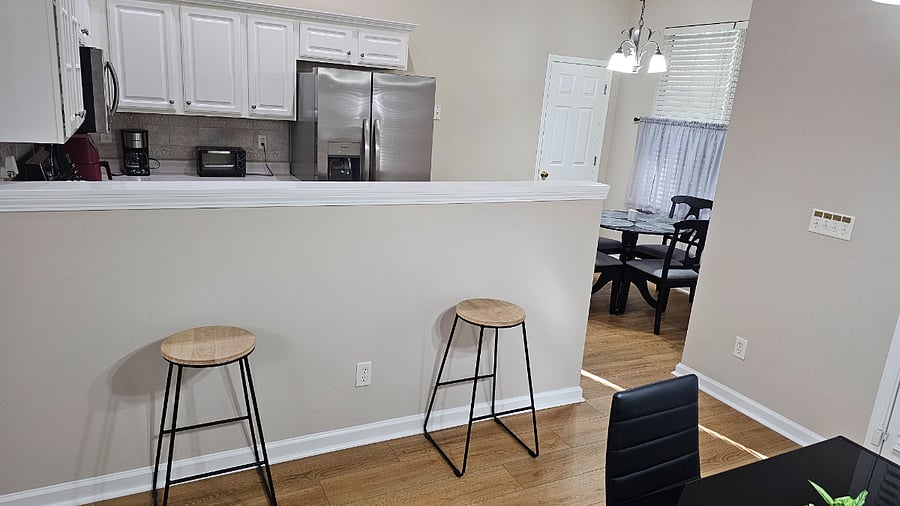 2 stools overlooking kitchen