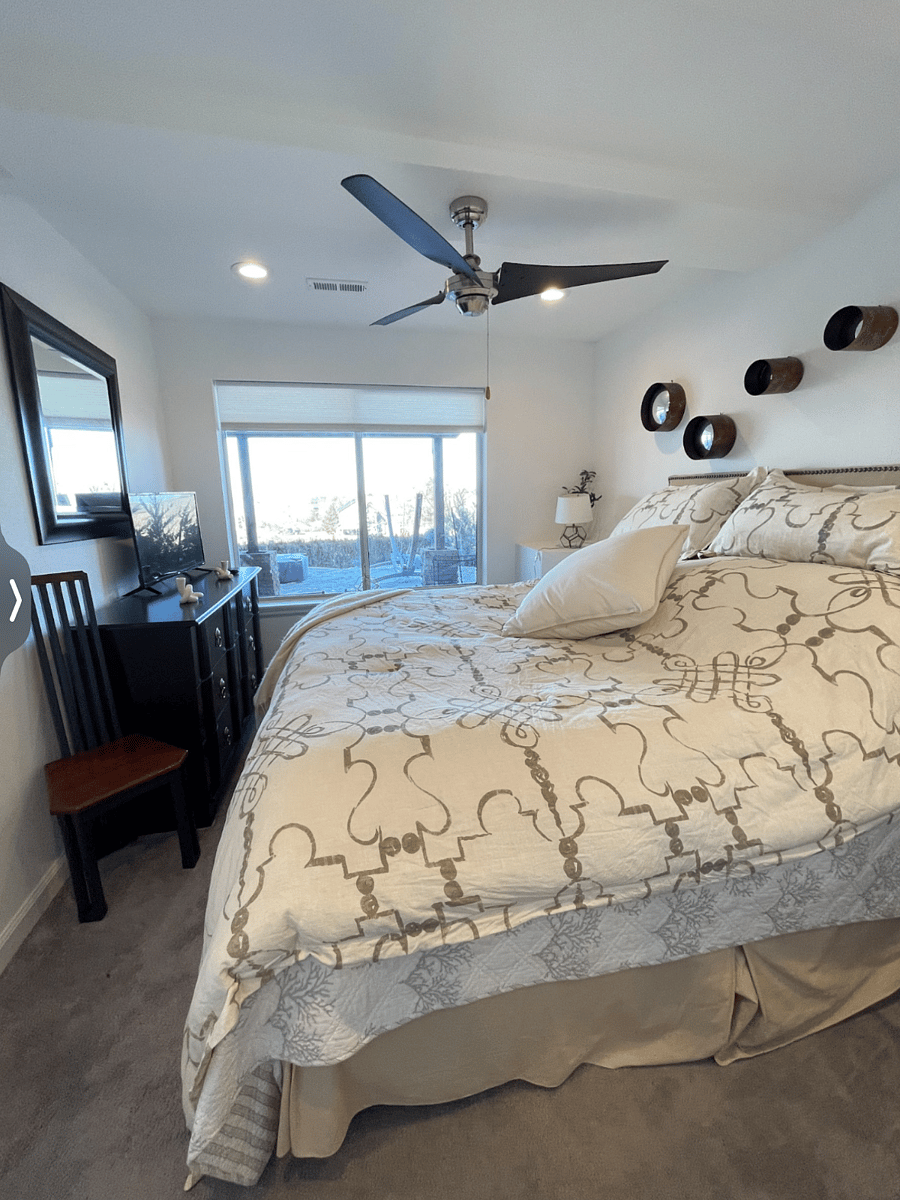 King size bedroom view towards Rocky Mountains with new 55inch Smart TV