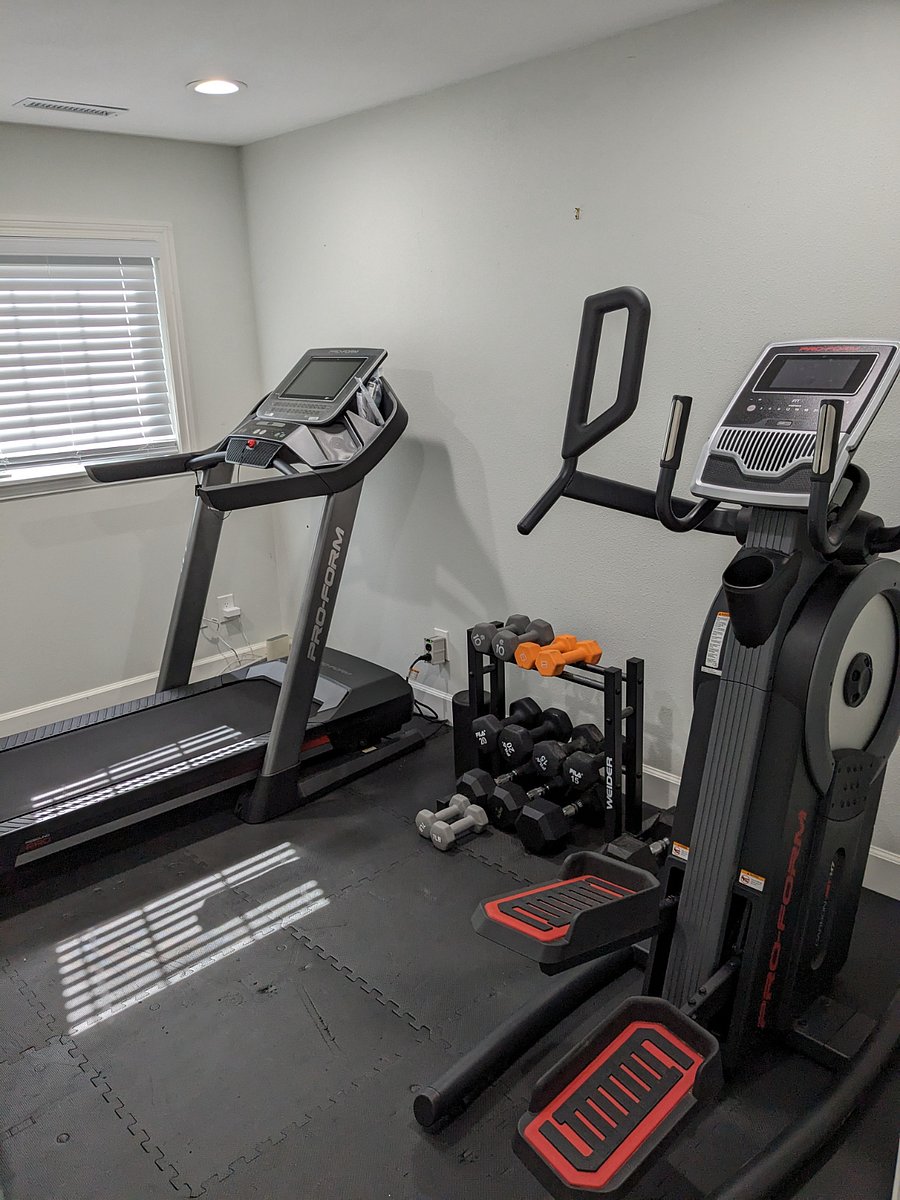 Stay active without leaving home! Our dedicated fitness space includes a treadmill, elliptical, and free weights for your convenience.