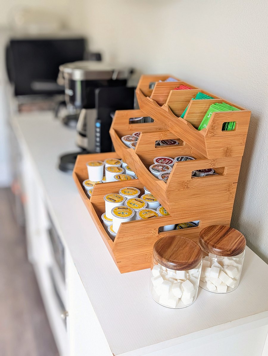 Everything you need for the perfect brew! A neatly organized selection of coffee, tea, and sweeteners awaits to make your mornings effortless and enjoyable.