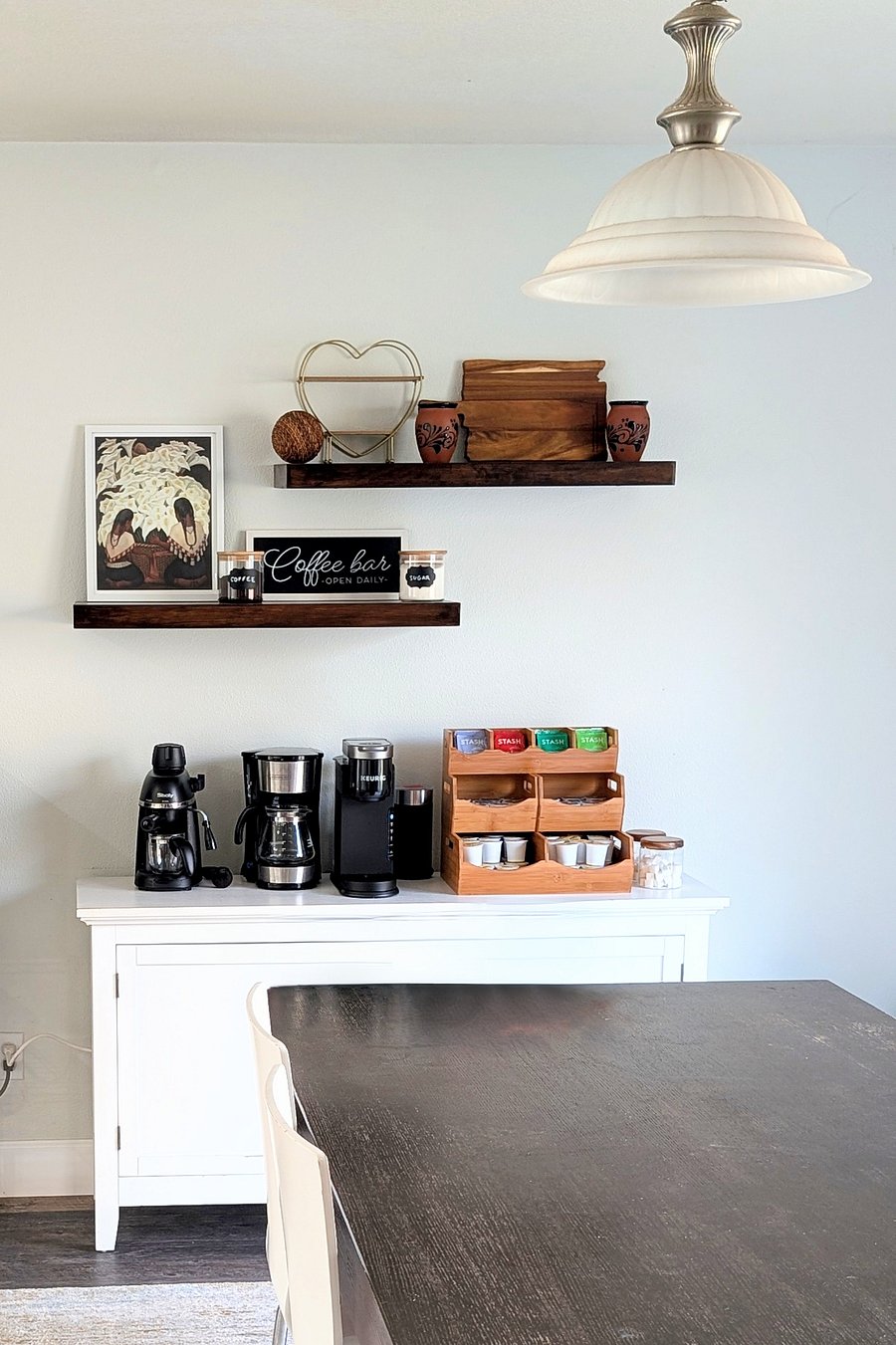 Make yourself at home with this inviting coffee barequipped with espresso, drip, and single-serve coffee makers, plus a variety of teas and sweeteners for your perfect cup.