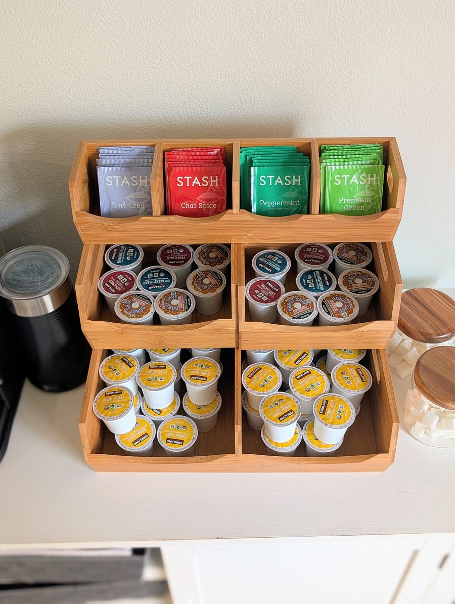 Enjoy a well-stocked coffee and tea station, featuring a variety of K-cups and premium Stash tea selections. Perfect for a refreshing start to your day!