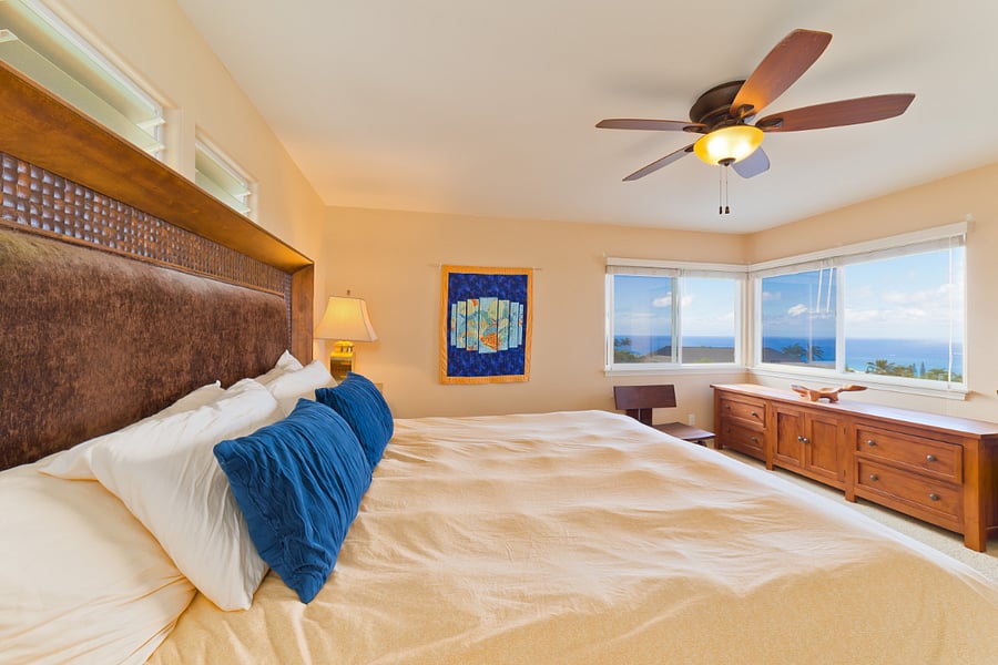 Primary bedroom has comfortable King bed, incredible views. Very private with TV and updated bathroom