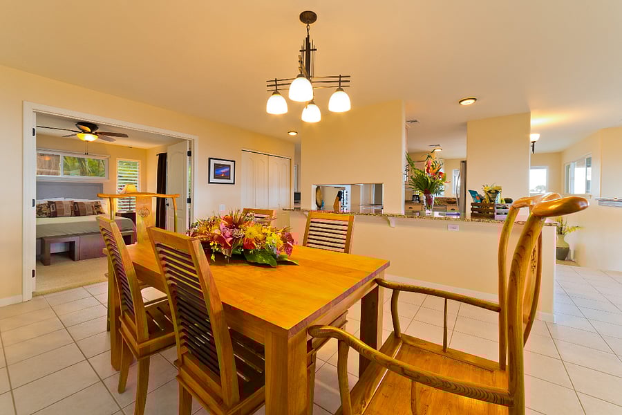 Kitchen / Dining table has beautiful "island style" wood. Includes seating for 6 people.