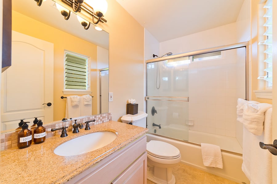 Guest bathroom with shower and tub. Can be shared by both guest bedroom guests.