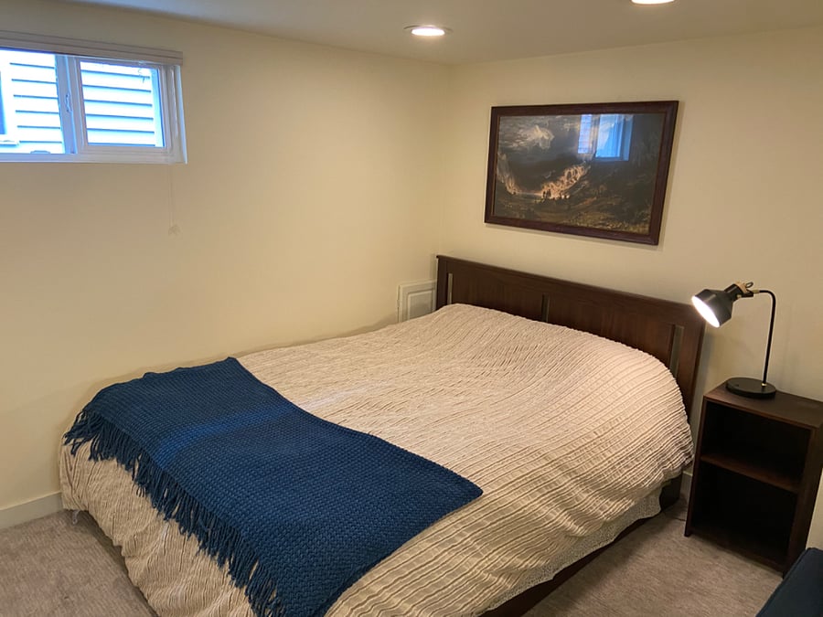 Queen bed with storage drawers built into frame. Bedroom is quietest room in the whole house.