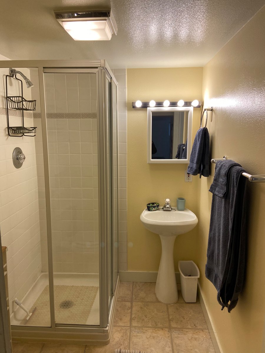 Sizeable bathroom with 2 cabinets, a shelving unit and European square-closing shower stall