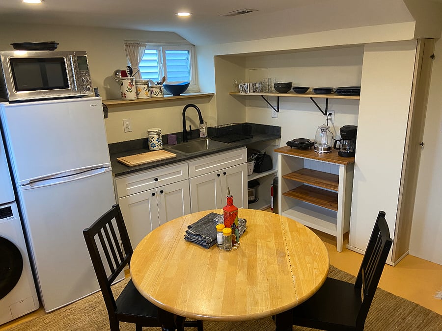 Biggest mini-kitchen ever: 2 single electric burners, microwave, air fryer, convection oven, toaster, Vit-a-Mix, coffee maker, rice cooker, electric kettle...and more!
