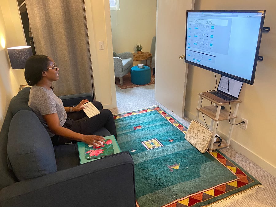 One tenant turned the TV screen into a comfortable workstation, using the HDMI cord (provided with apartmen)t, and her own keyboard and mouse.