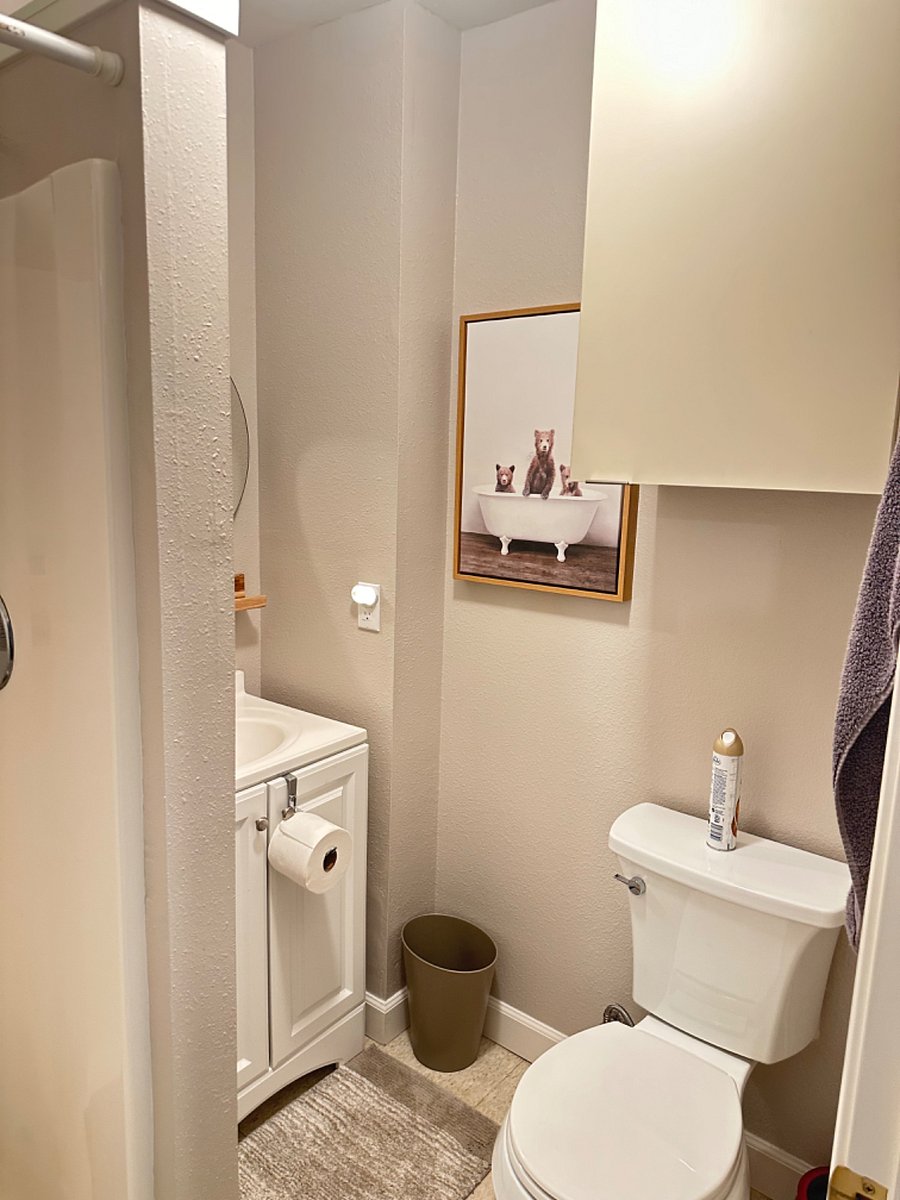 Bathroom with shower and storage above the toilet.