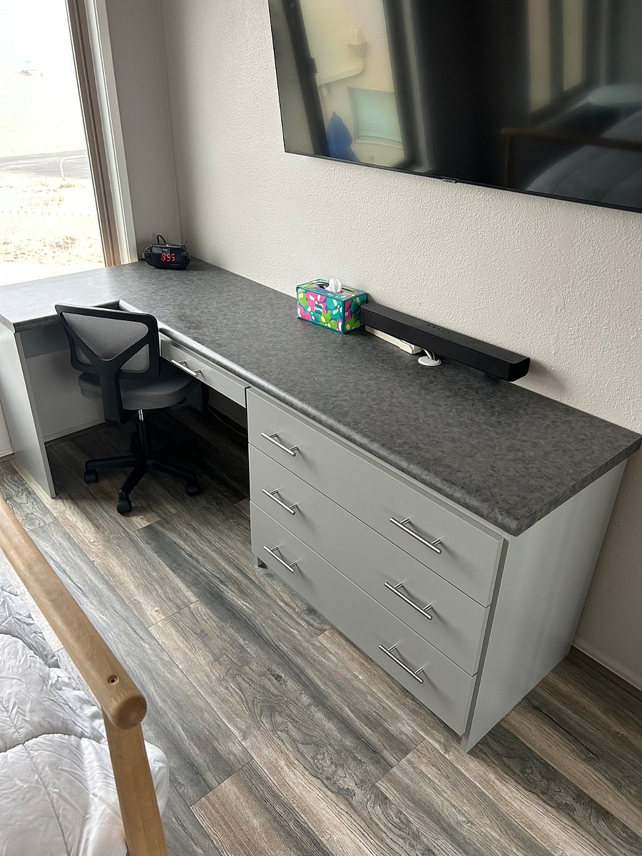 Built in desk with room for laptop and view of ocean.