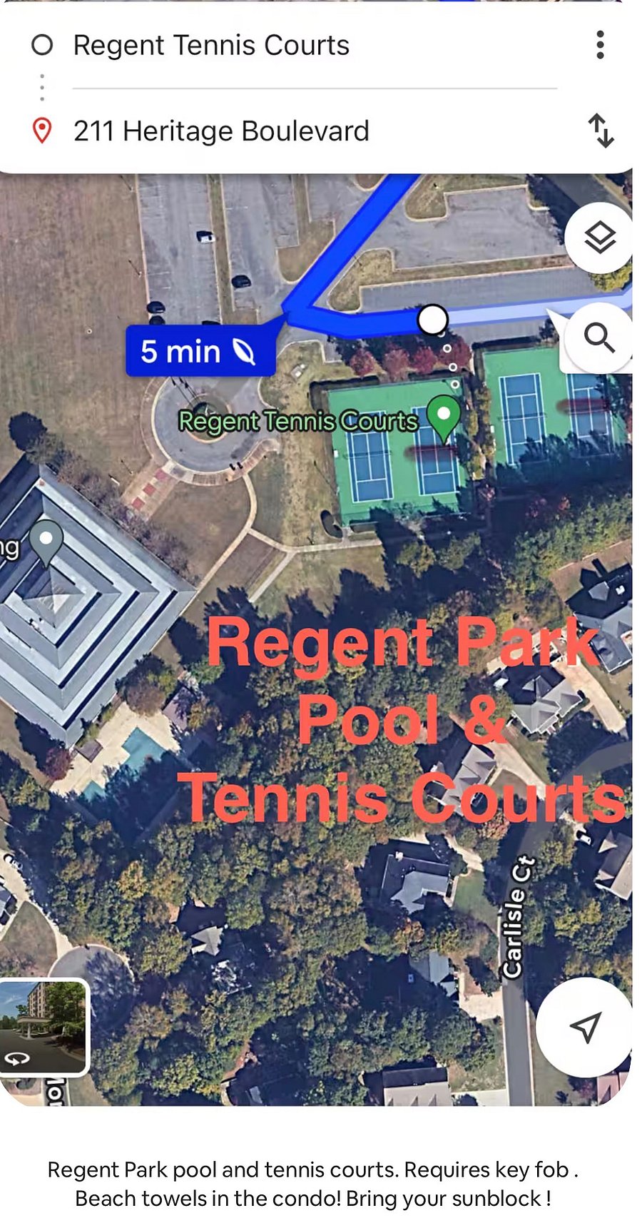 Regent Park tennis courts and pool, 5 minute drive from condo. 