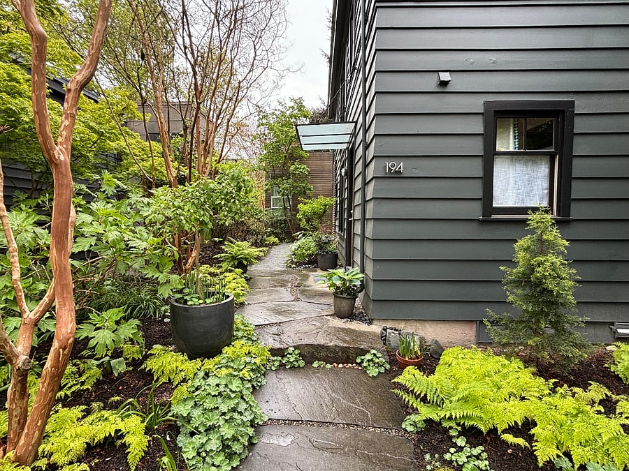 Entry walkway up to covered front door. Walking eastward.