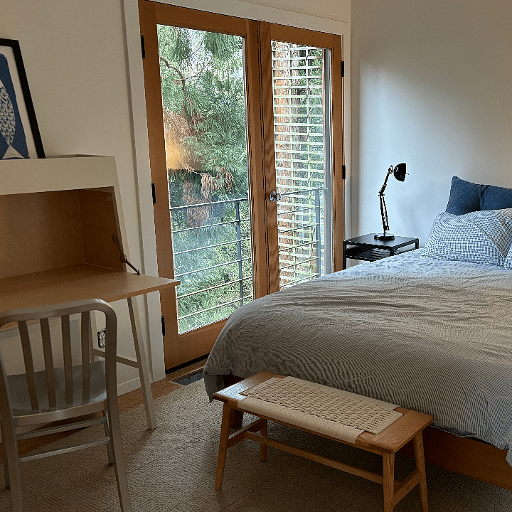 Primary BR, east side, facing back garden, tree canopy; large walk in closet. Queen bed.