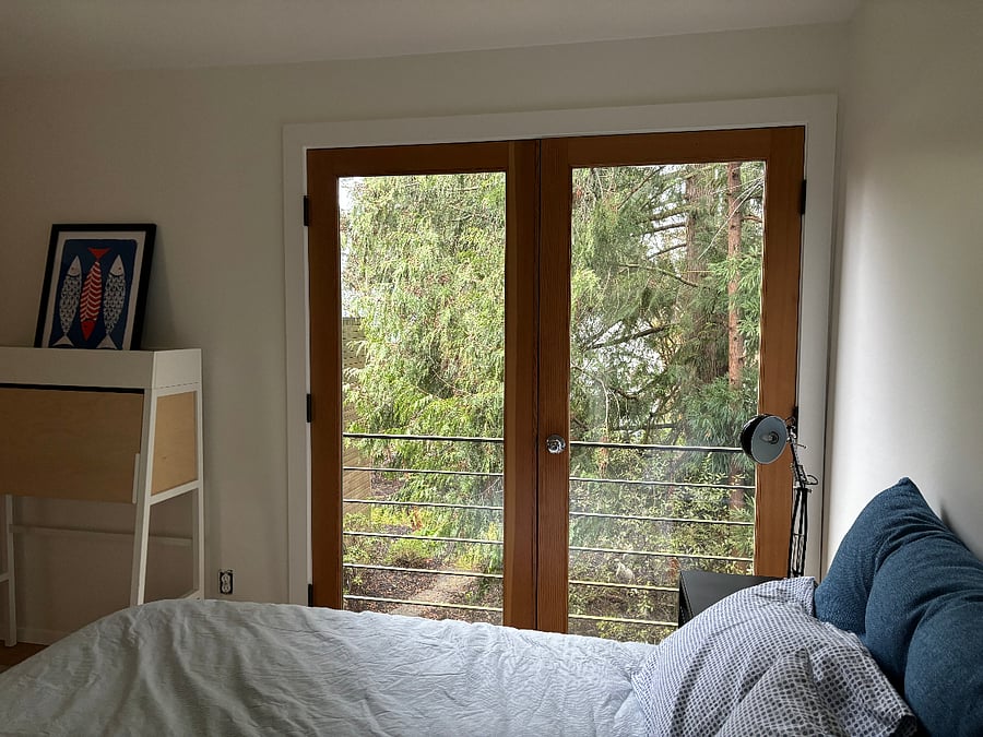 Primary BR, Juliet balcony to Cedar tree canopy, faces east.