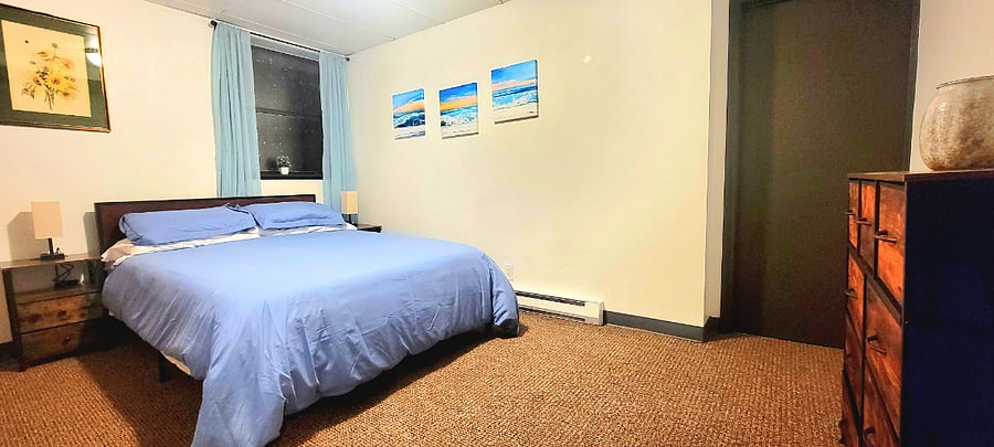 Queen bed, private bath, dresser, closet
