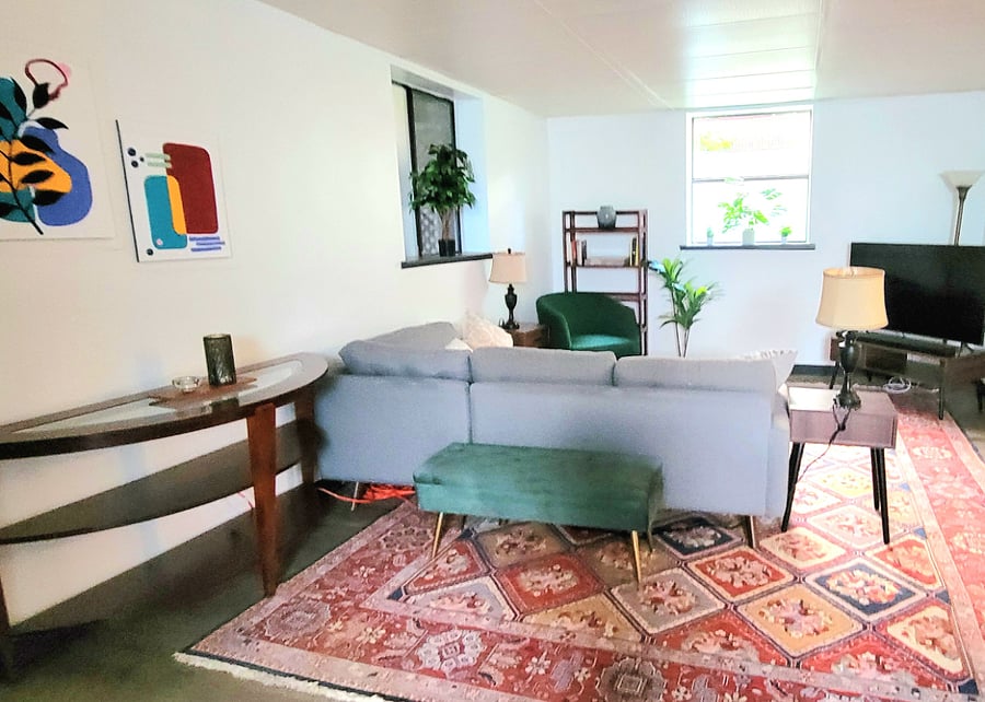 Living area, open concept to kitchen, modern design