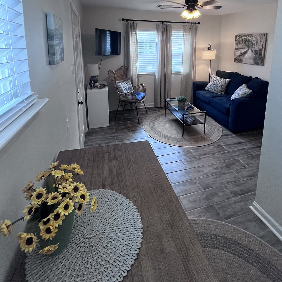 Living room and efficient dining area.
