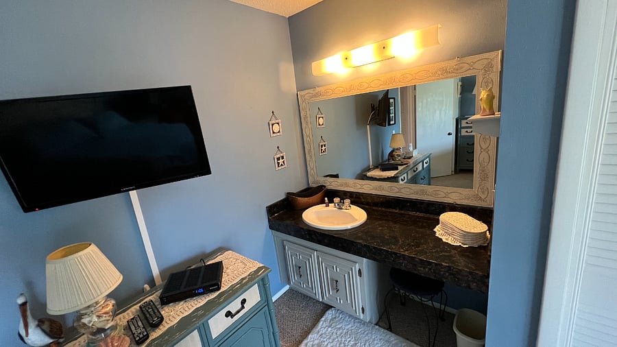 Primary bedroom w/ vanity, sink, TV