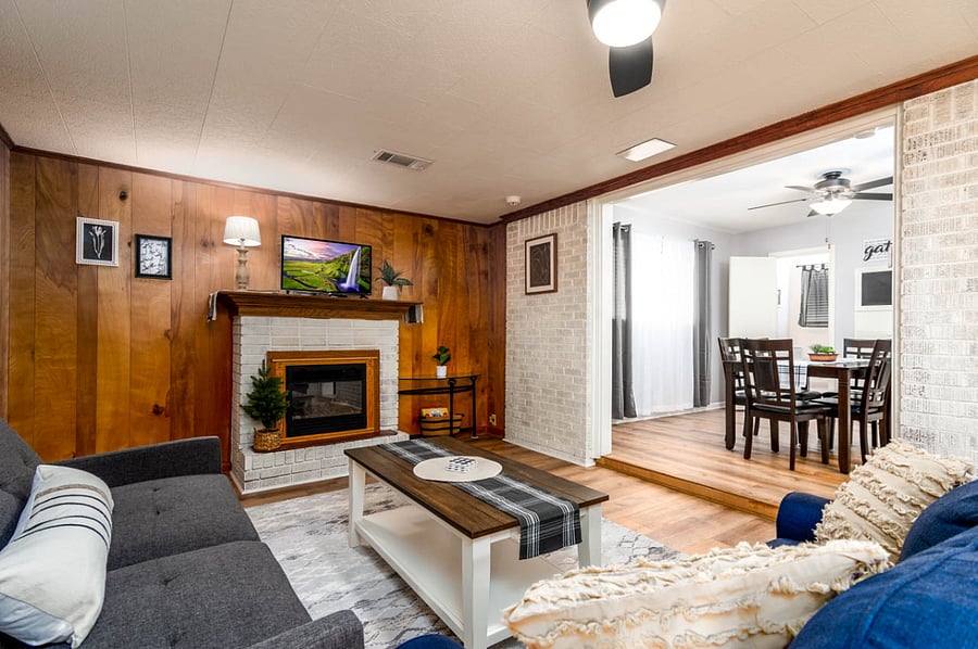 Family Room: 43" TV and a fire place