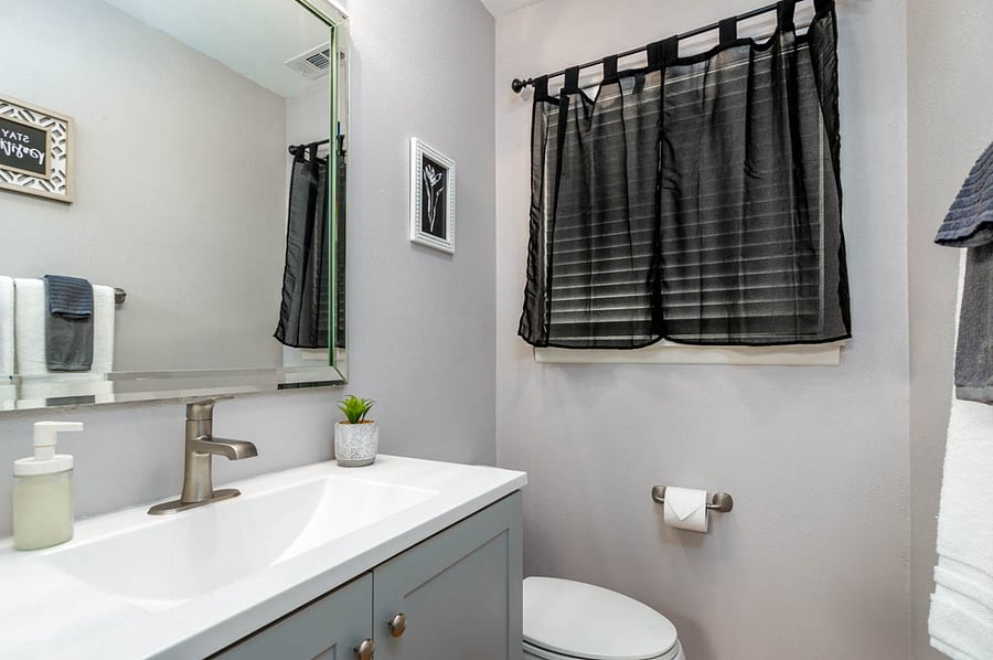 Bathroom 2: Half bath-  has first aid kit, bath linens, shampoo/conditioner, toothbrush,  two spare towels, and a hand towel and a few essentials.