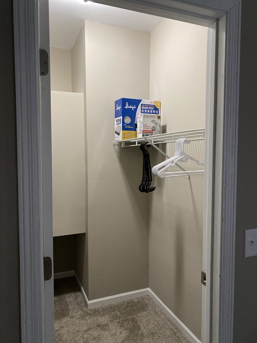 Bedroom 1: Closet space with hangers and clothes steamer