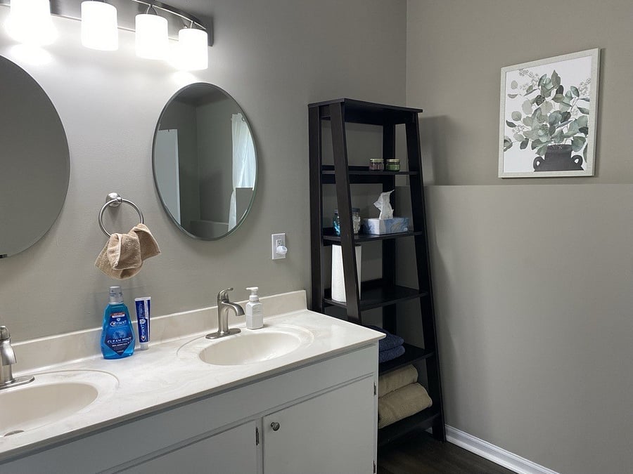 double sinks and starter toiletries