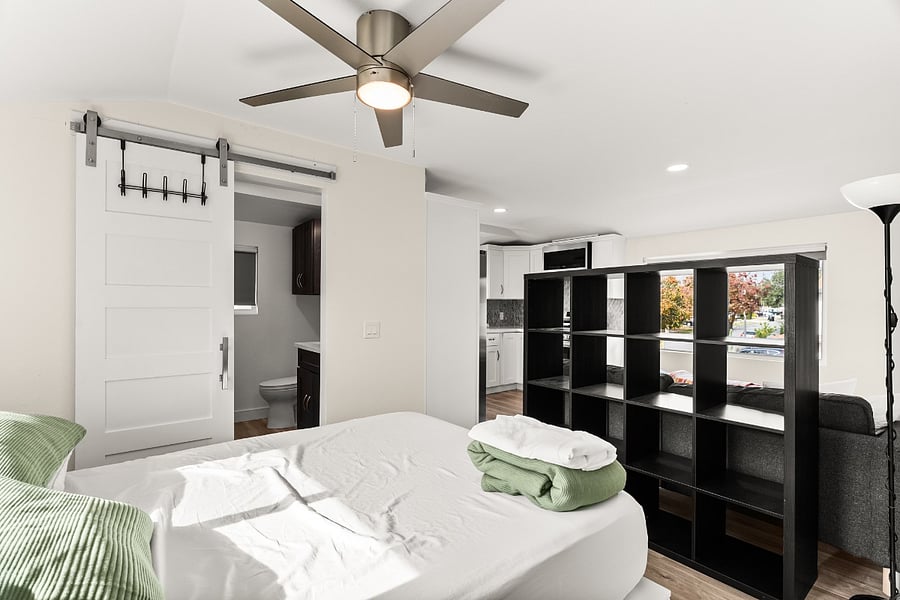 View of studio from corner walk-in closet.