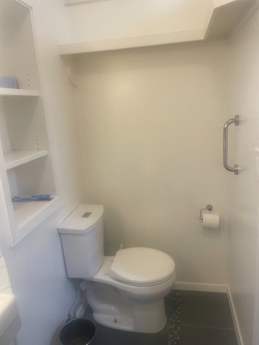 Toilet with open storage shelves
