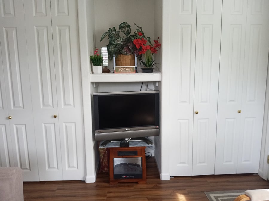 Living Rm East wall with 32" Tv and 2 closets