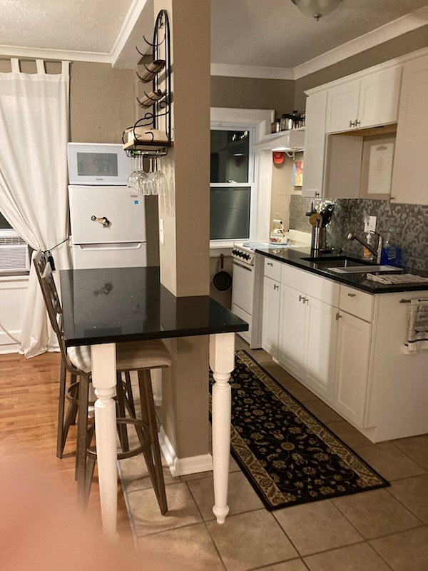 Apartment size refrigerator. Well equity kitchen. No dishwasher.