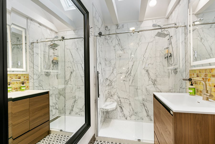 Spa like bath with Bidet, sky lights, and italian marble