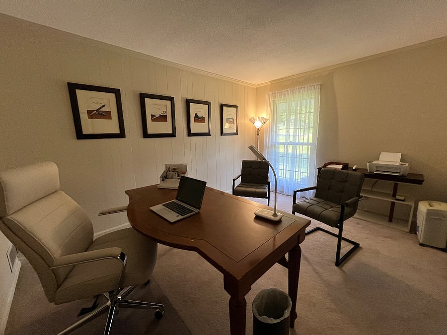 Private home office workspace with printer, shredder, desk staples, 2 guest chairs and storage (starter stationary staples included)