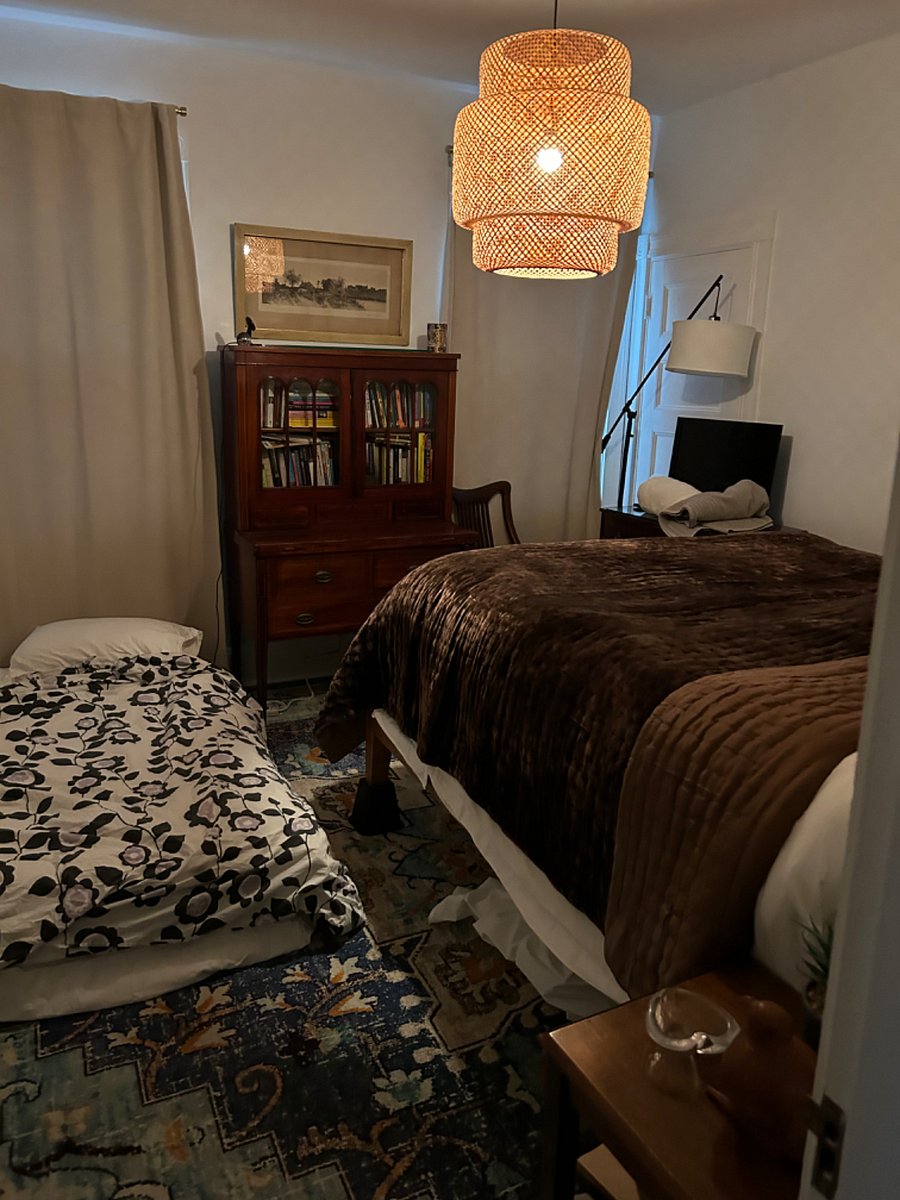 this is how we pull out the twin bed. Its only a temporary thing if you have visitors. And it requires some moving furniture.