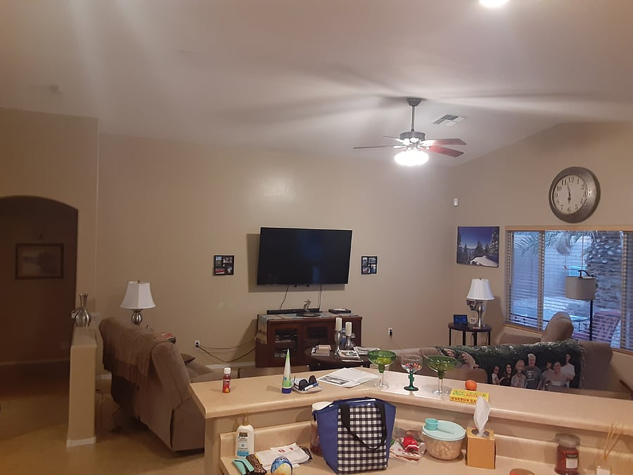 living room, rocker recliner, loveseat w/2 recliners, couch that seats 3 with 2 recliners, smart TV and dvd/mp3 player.