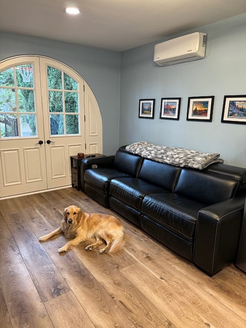 Living room with recliner sofa and Lola (who lives in the main house).