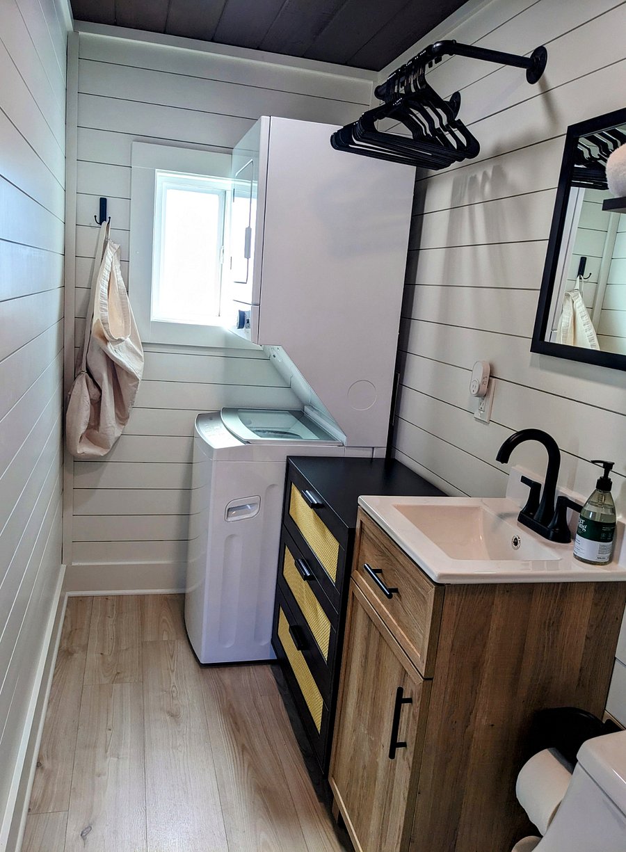 3 drawer dresser, clothes bar with hangers, stackable washer and dryer