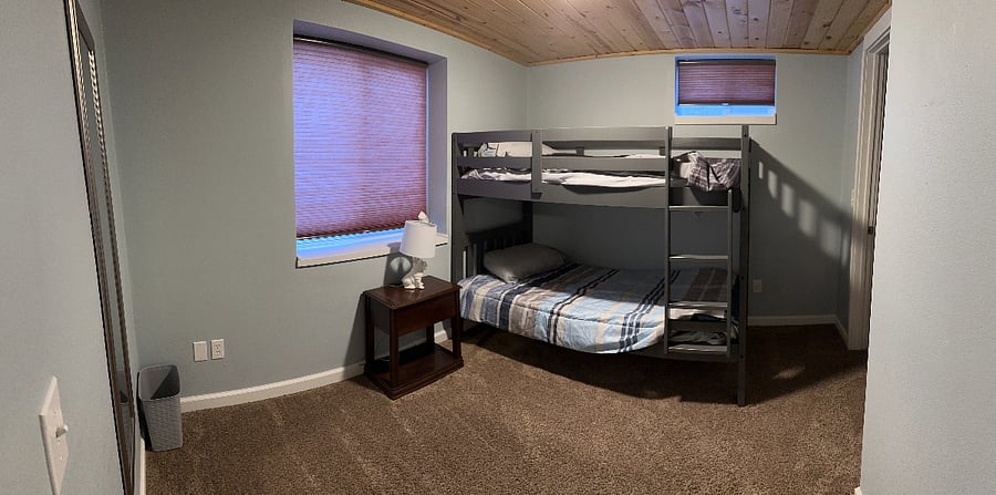 Downstairs bunk beds, large walk in closet.