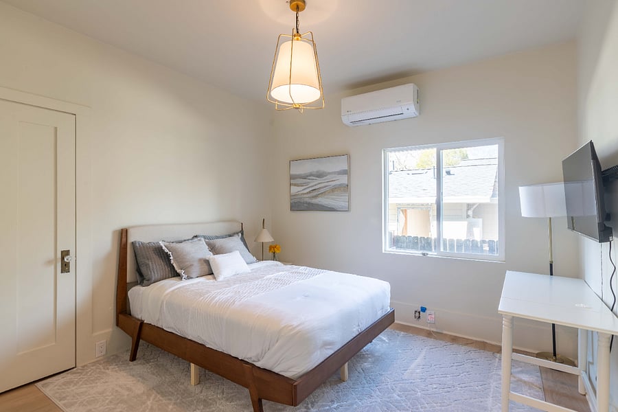Full bed of Mid-century style with 12" firm mattress and waterproof cover
