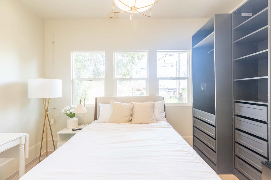 Full bed of Mid-century style with 12" firm mattress and waterproof cover