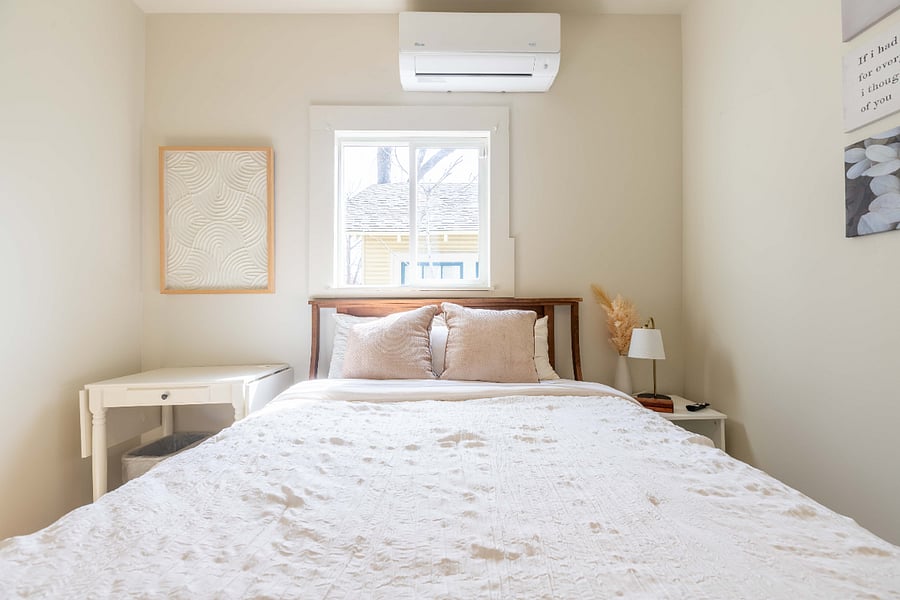 Full bed of Mid-century style with 12" firm mattress and waterproof cover
