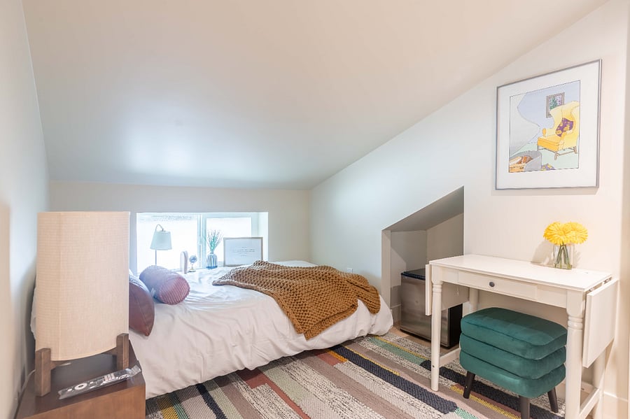 Own TV & Frig. Nice open window and design rug.