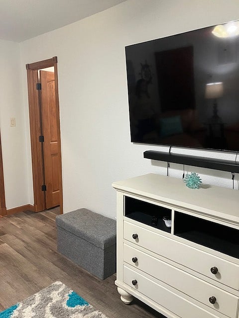 Picture from private entrance into apt. Living room, large 65" Samsung Smart TV. and the large living room storage closet.