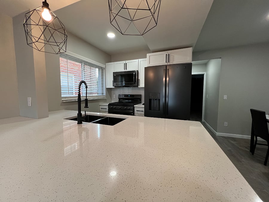 spacious counter top. Has room for the coffee / tea maker with coffee provided or bring your own coffee.