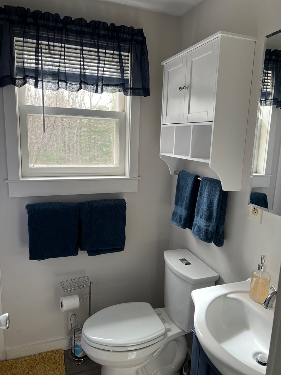 Full sized mirrored medicine cabinet over the sink and additional storage cabinet above dual flush chair height toilet.