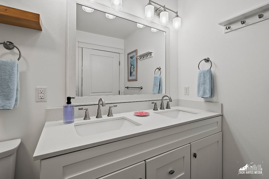 Double Sink Bathroom Vanity | Tissue | Hand Towels | Hair Dryer | Hand Soap